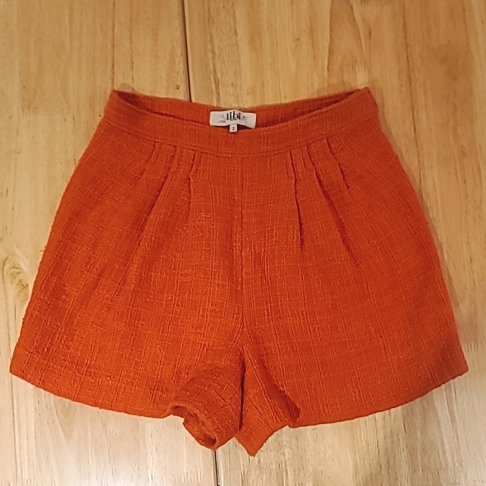 Tibi cotton/ viscose tweed pleated shorts, fully lined, side zipper. Size 2